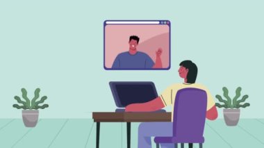 Laptop 'taki arkadaşlarla video konferans animasyonu