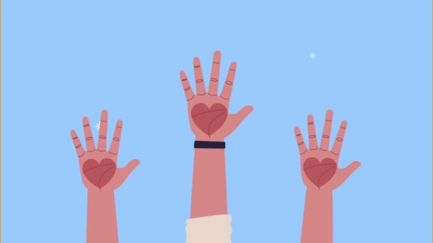 Human rights awareness animation with hearts in hands — Stock Video