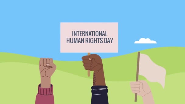 Lettering direitos humanos no rótulo e levantar as mãos bandeira — Vídeo de Stock
