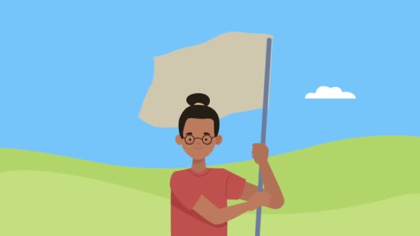 Animação de conscientização de direitos humanos com bandeira acenando mulher — Vídeo de Stock