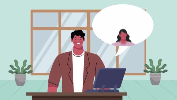 Laptop kullanan bir adamla video konferans animasyonu — Stok video