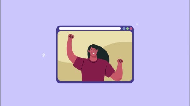Videoconferentie animatie met vrouw in webpagina sjabloon — Stockvideo