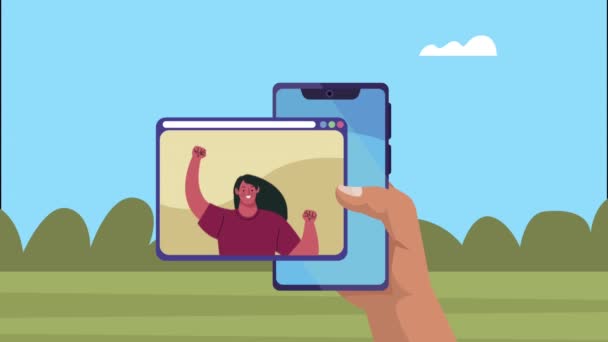 Video conference animation with woman in smartphone — Stock Video