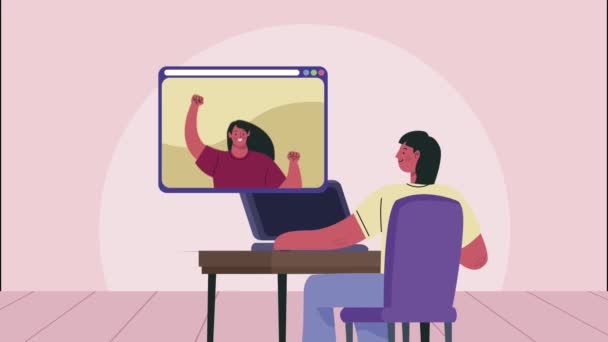 Videoconferentie animatie met paar en laptop — Stockvideo