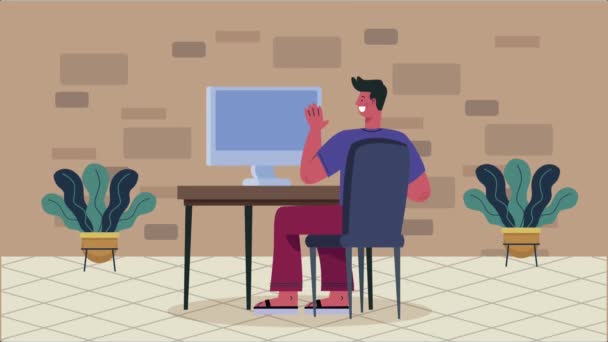 Jonge man die werkt in desktop animatie — Stockvideo