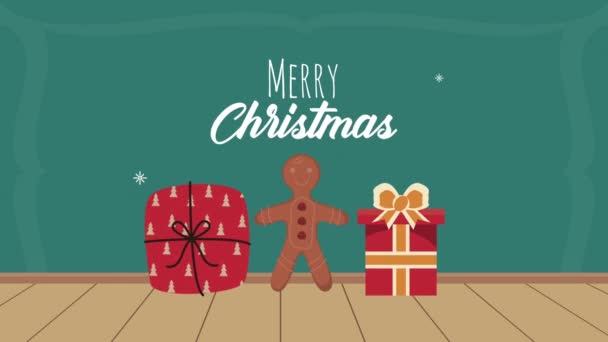 メリークリスマスレタリングクッキーとギフトのアニメーション — ストック動画