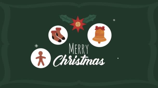 Vrolijk kerstfeest belettering met pictogrammen rond animatie — Stockvideo