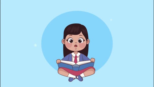 Estudiante chica sentada lectura libro animación — Vídeos de Stock