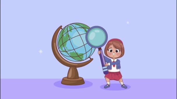 Étudiante fille avec loupe et carte de la terre — Video