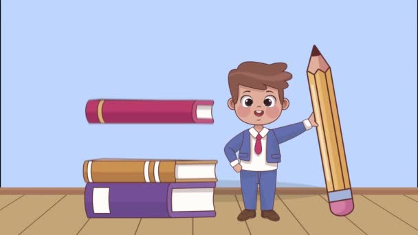 Estudante menino da escola com lápis e livros — Vídeo de Stock