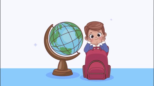 Student boy with bag and earth map animation — Stock Video