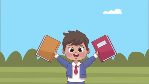 Kamp animasyonunda defterleri olan öğrenci çocuk. — Stok video