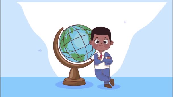 Student afro boy with earth map animation — Stock Video