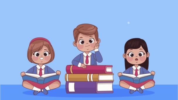 Drie studenten kinderen lezen boeken animatie — Stockvideo