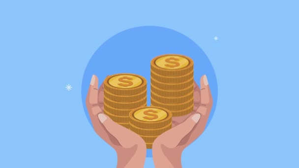 Hands lifting coins money dollars animation — Stock Video