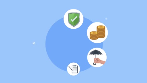 Animación de servicios de seguros con iconos alrededor — Vídeo de stock