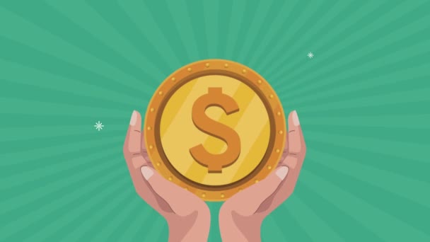 Ruční zvedání mincí dolarů animace — Stock video