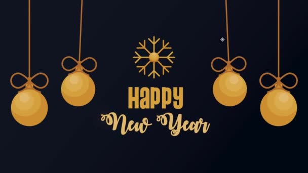 Happy new year lettering with golden balls and snowflake — Stock Video