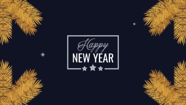 Feliz año nuevo letras con marco de hojas doradas — Vídeo de stock