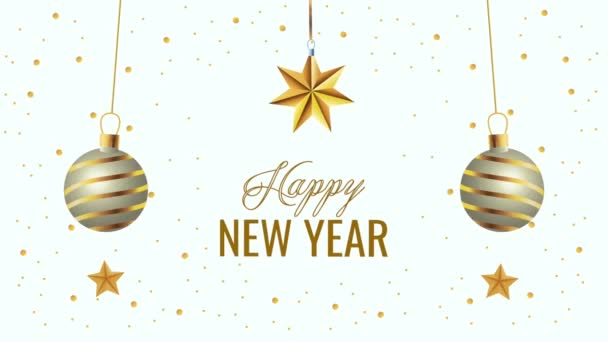 Feliz año nuevo letras con bolas de oro y estrellas — Vídeos de Stock