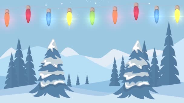 Feliz Feliz Navidad animación con bombillas en el paisaje de nieve — Vídeos de Stock