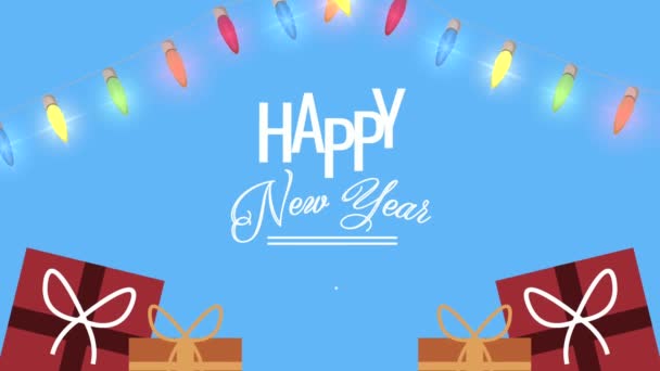 Feliz año nuevo letras animación con luces y regalos — Vídeo de stock