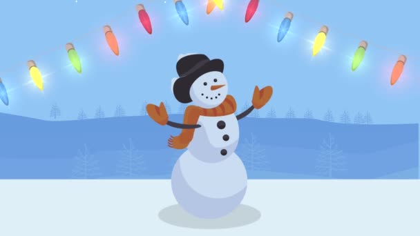 Veselé Vánoce animace se světly žárovky a sněhulák — Stock video