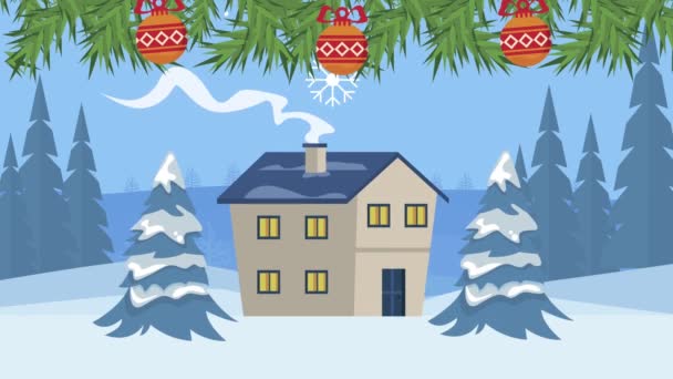 Glad god jul animation med hus i snölandskap — Stockvideo