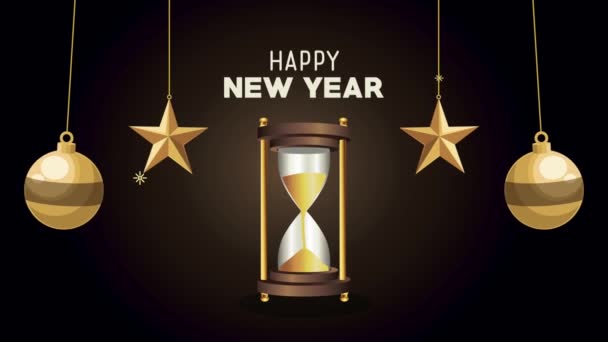 Feliz año nuevo letras de animación con reloj de arena de oro y bolas — Vídeo de stock