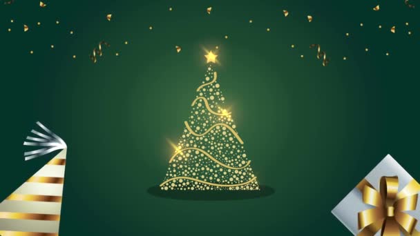 Gelukkig vrolijk kerstfeest animatie met gouden boom en geschenken — Stockvideo