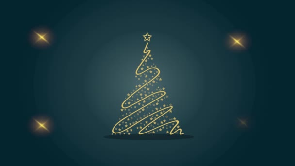 Happy merry christmas animation with golden tree and snowflakes — Stock Video