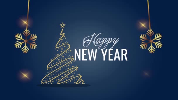 Feliz ano novo lettering animação com árvore e flocos de neve — Vídeo de Stock