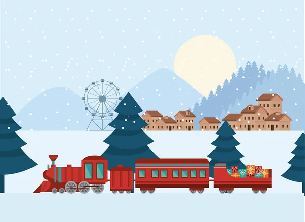 Śnieżny krajobraz z pociągu Boże Narodzenie — Wektor stockowy
