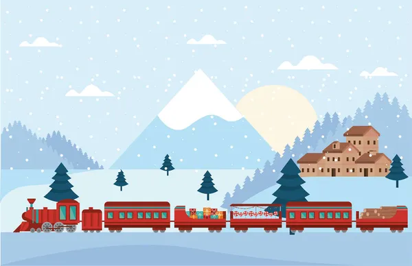 Weihnachtsszene mit rotem Zug — Stockvektor
