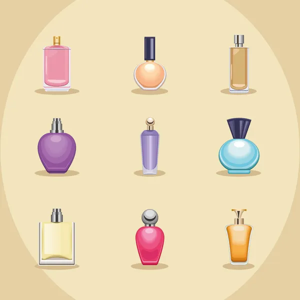 Nueve perfumes botellas iconos — Vector de stock