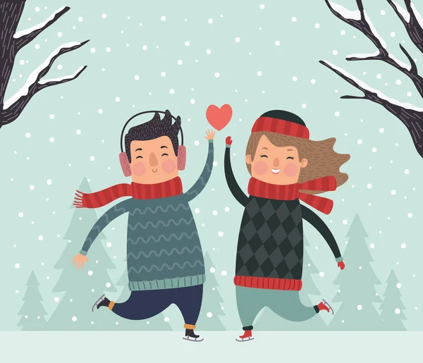 Amantes pareja invierno escena — Vector de stock