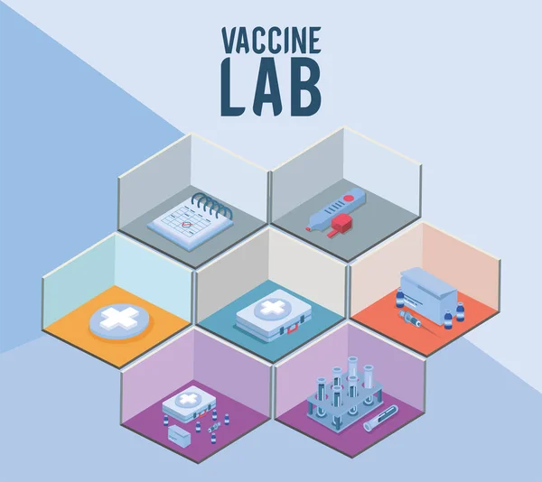 Icônes isométriques de laboratoire de vaccin — Image vectorielle