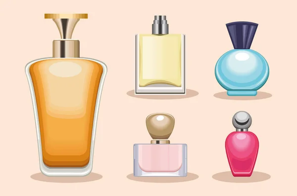 Cinco perfumes botellas iconos — Vector de stock