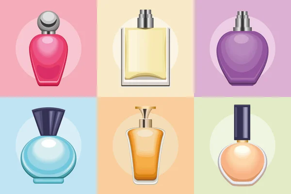 Perfumes botellas seis iconos — Archivo Imágenes Vectoriales