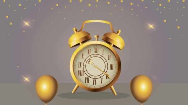 С Новым годом анимация с золотыми будильниками и воздушными шарами — стоковое видео