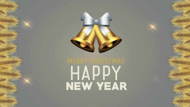 Feliz ano novo lettering com sinos dourados — Vídeo de Stock