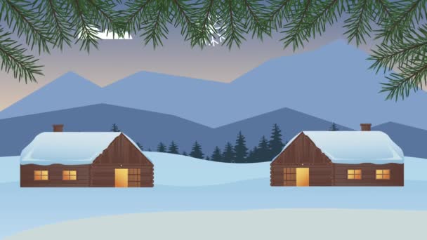 Glad god jul animation med hus i snölandskap — Stockvideo