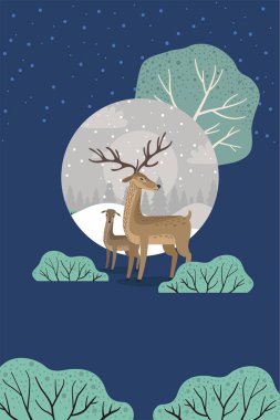 Kar manzaralı aile ren geyiği