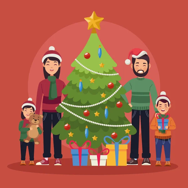 Família de Natal e pinho — Vetor de Stock