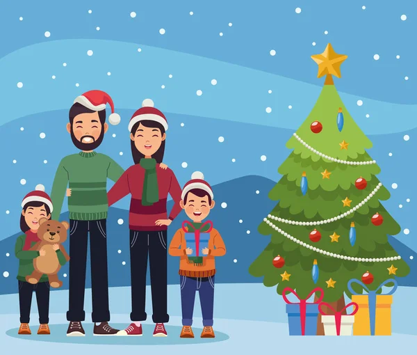 Familie Weihnachten und Baum — Stockvektor