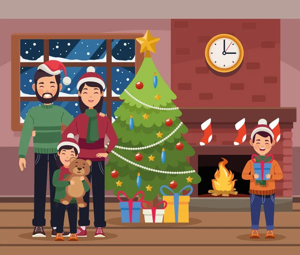 Navidad en familia en la chimenea — Vector de stock