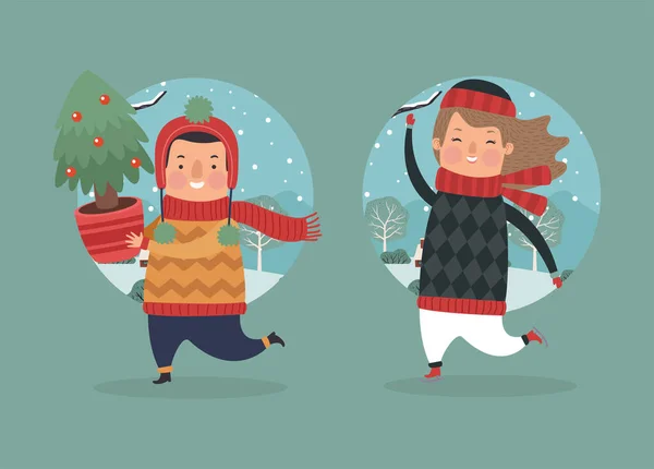Couple d'enfants portant des vêtements d'hiver — Image vectorielle