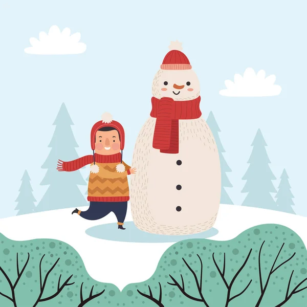 Garçon et bonhomme de neige scène — Image vectorielle