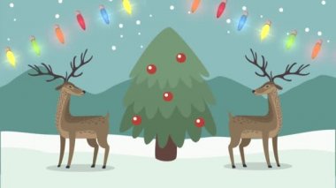 Noel ağacı ve ren geyiği kar manzarası