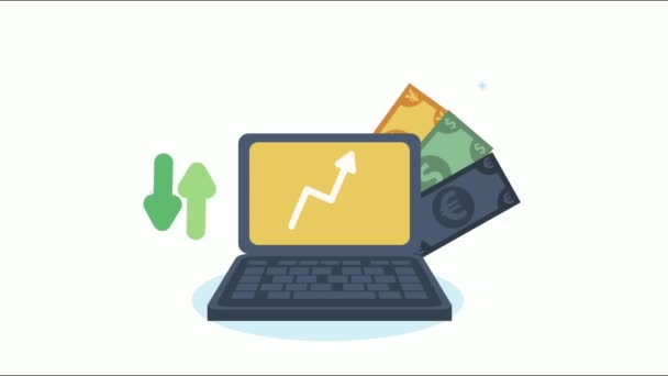 Animación de comercio electrónico con ordenador portátil y facturas — Vídeo de stock